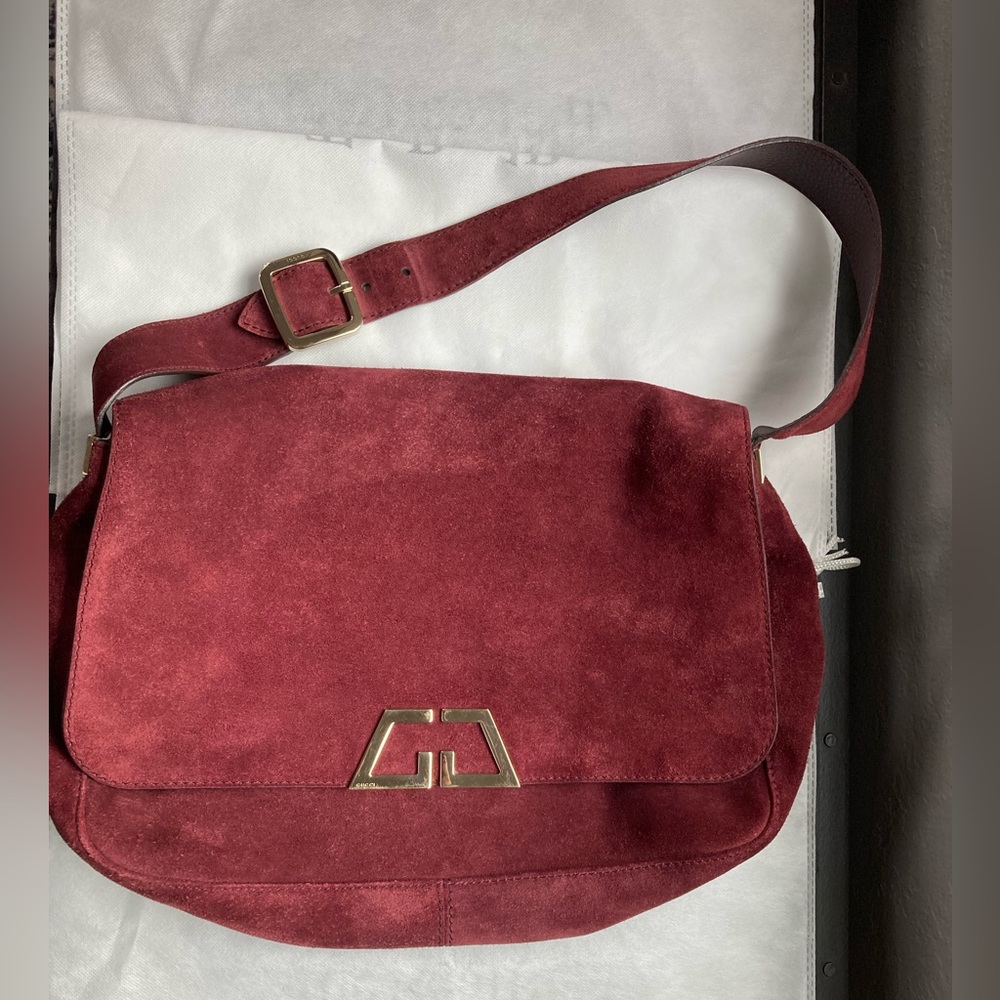 Vintage Gucci G Squared Suede Tote Bag Purse *Excellent* Wine Color